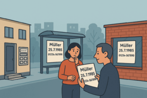 Frau besorgt über öffentliche Plakate mit ihrem Namen, Geburtsdatum und Telefonnummer – Symbolbild für Datenschutzverletzung gemäß DSGVO