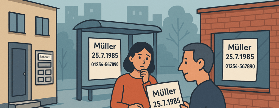 Frau besorgt über öffentliche Plakate mit ihrem Namen, Geburtsdatum und Telefonnummer – Symbolbild für Datenschutzverletzung gemäß DSGVO