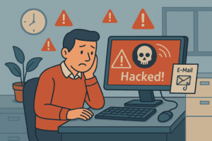 Symbolbild für IT-Sicherheitsvorfall im Unternehmen – ein Mitarbeiter erkennt, dass sein System gehackt wurde. Ideal zur Veranschaulichung von DSGVO-Pflichten bei Datenpannen. Perfekt für Beiträge rund um DSGVO leicht erklärt.