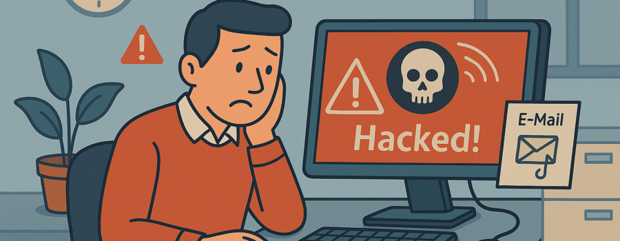 Symbolbild für IT-Sicherheitsvorfall im Unternehmen – ein Mitarbeiter erkennt, dass sein System gehackt wurde. Ideal zur Veranschaulichung von DSGVO-Pflichten bei Datenpannen. Perfekt für Beiträge rund um DSGVO leicht erklärt.